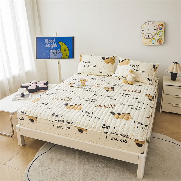 91家纺网 家纺一手货源 找家纺 3C 2024新款全棉大豆夹棉印花床笠四件套 撒娇萌猫