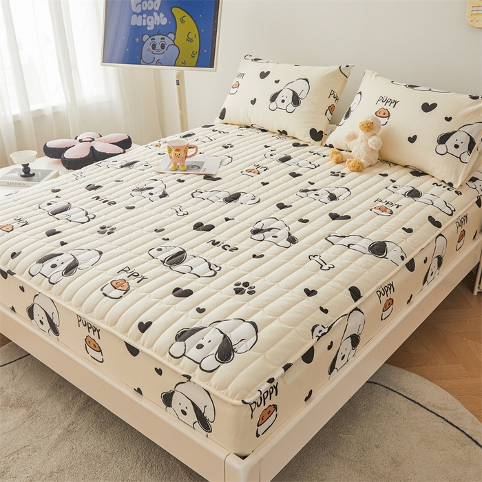 91家纺网 家纺一手货源 找家纺 3C 2024新款全棉大豆夹棉印花床笠四件套 趴趴狗-米