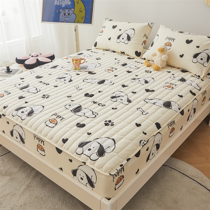 91家纺网 家纺一手货源 找家纺 3C 2024新款全棉大豆夹棉印花床笠四件套 趴趴狗-米