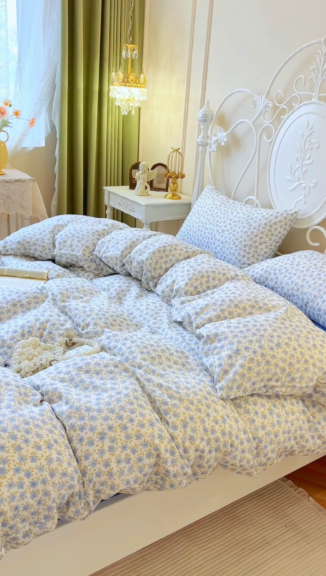 91家纺网 家纺一手货源 找家纺 麒豆豆 2024新款全棉双层纱四件套樱花-蓝