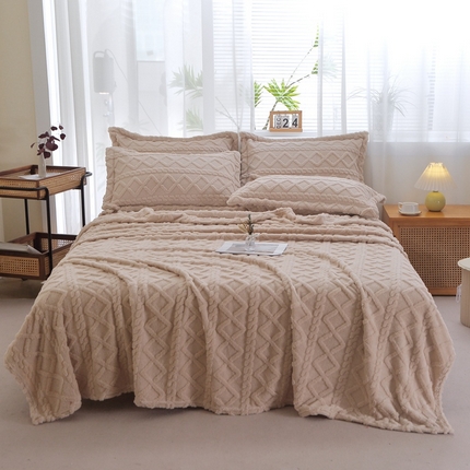 91家纺网 家纺一手货源 找家纺 芸锦豪 2024新款塔芙绒毛毯多功能毯-双面塔夫绒卷边 塔夫绒-浅卡其