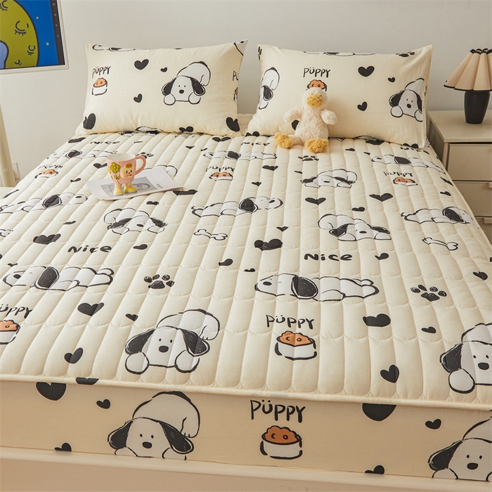 91家纺网 家纺一手货源 找家纺 3C 2024新款全棉大豆夹棉印花床笠四件套 趴趴狗-米