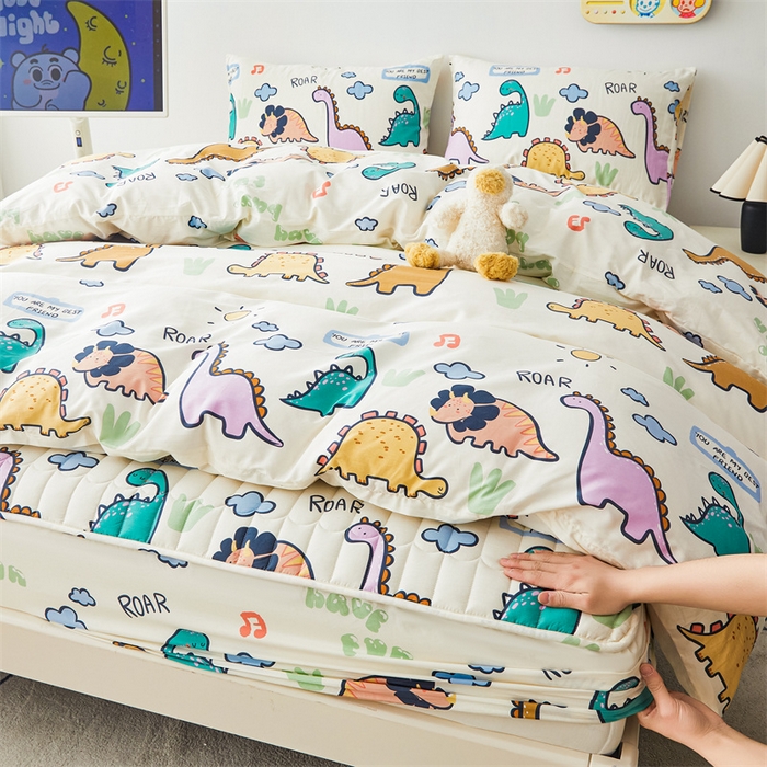 91家纺网 家纺一手货源 找家纺 3C 2024新款全棉大豆夹棉印花床笠四件套 恐龙天地