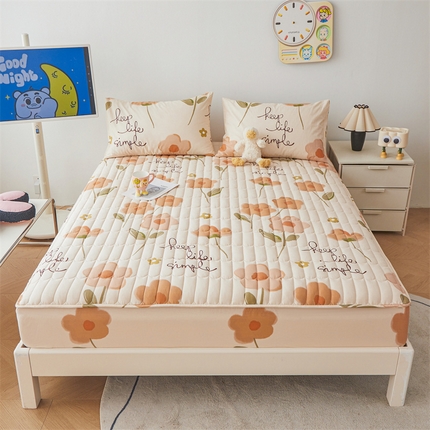 91家纺网 家纺一手货源 找家纺 3C 2024新款全棉大豆夹棉印花床笠四件套 花恋-桔