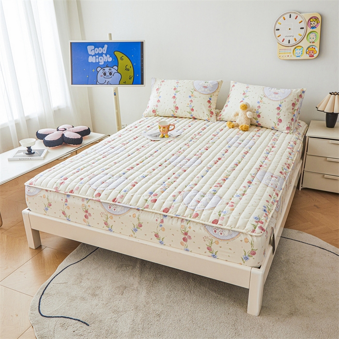 91家纺网 家纺一手货源 找家纺 3C 2024新款全棉大豆夹棉印花床笠四件套 圈圈兔