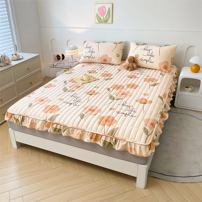 91家纺网 家纺一手货源 找家纺 3C 2024新款全棉13372大豆夹棉印花花边床笠四件套 花恋-桔单床笠