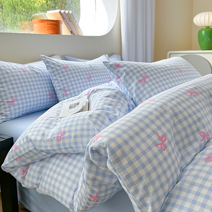 麦伦家居 2024春夏新品ins小清新卡通全棉四件套蝴蝶结蓝