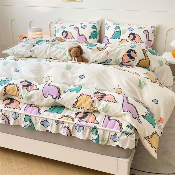 91家纺网 家纺一手货源 找家纺 3C 2024新款全棉13372大豆夹棉印花花边床笠四件套 恐龙天地单床笠