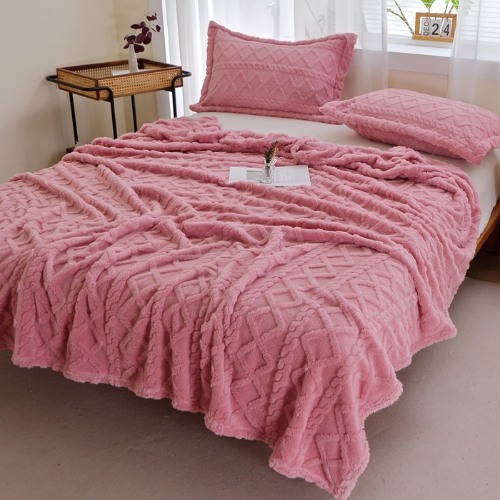 91家纺网 家纺一手货源 找家纺 芸锦豪 2024新款塔芙绒毛毯多功能毯-双面塔夫绒卷边 塔夫绒-玫瑰粉