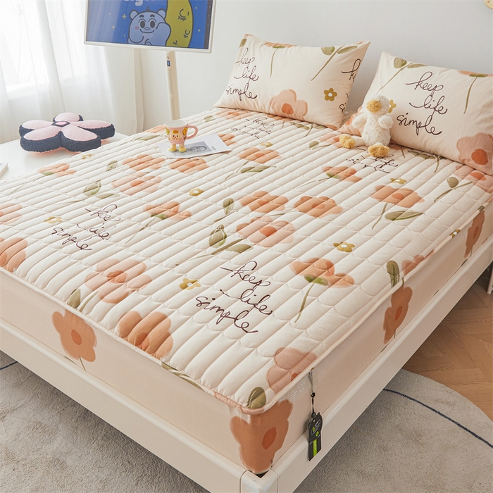 91家纺网 家纺一手货源 找家纺 3C 2024新款全棉大豆夹棉印花床笠四件套 花恋-桔