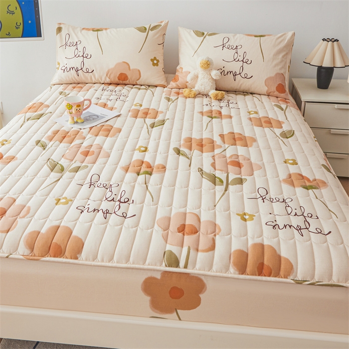 91家纺网 家纺一手货源 找家纺 3C 2024新款全棉大豆夹棉印花床笠四件套 花恋-桔