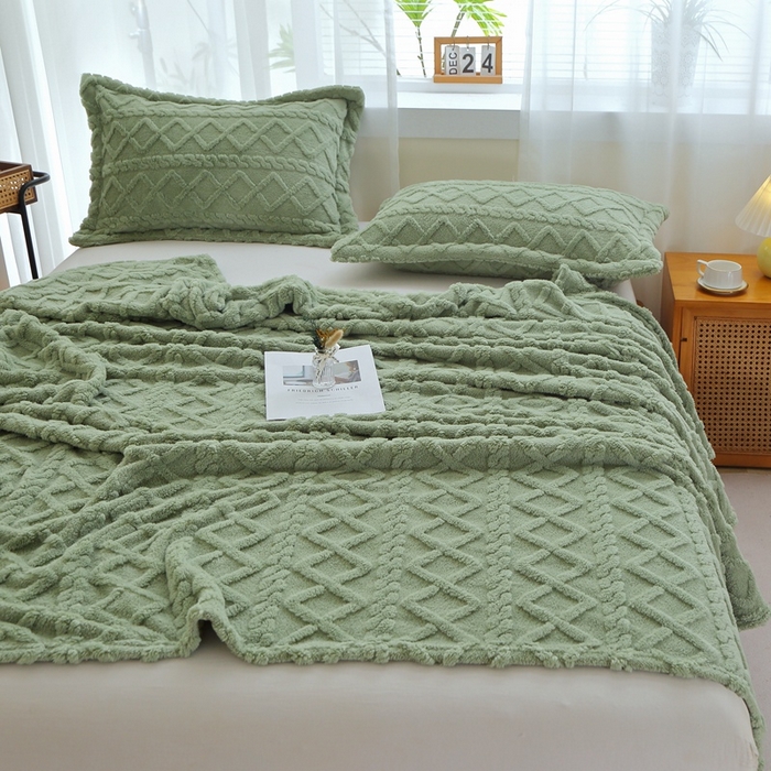 91家纺网 家纺一手货源 找家纺 芸锦豪 2024新款塔芙绒毛毯多功能毯-双面塔夫绒卷边 塔夫绒-抹茶绿