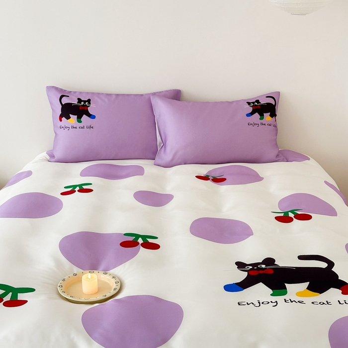 91家纺网 家纺一手货源 找家纺 西西家居 2024新款数码兰精天丝套件 波点猫-紫