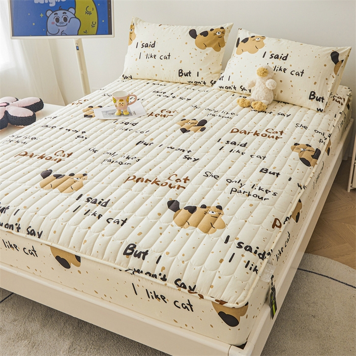 91家纺网 家纺一手货源 找家纺 3C 2024新款全棉大豆夹棉印花床笠四件套 撒娇萌猫