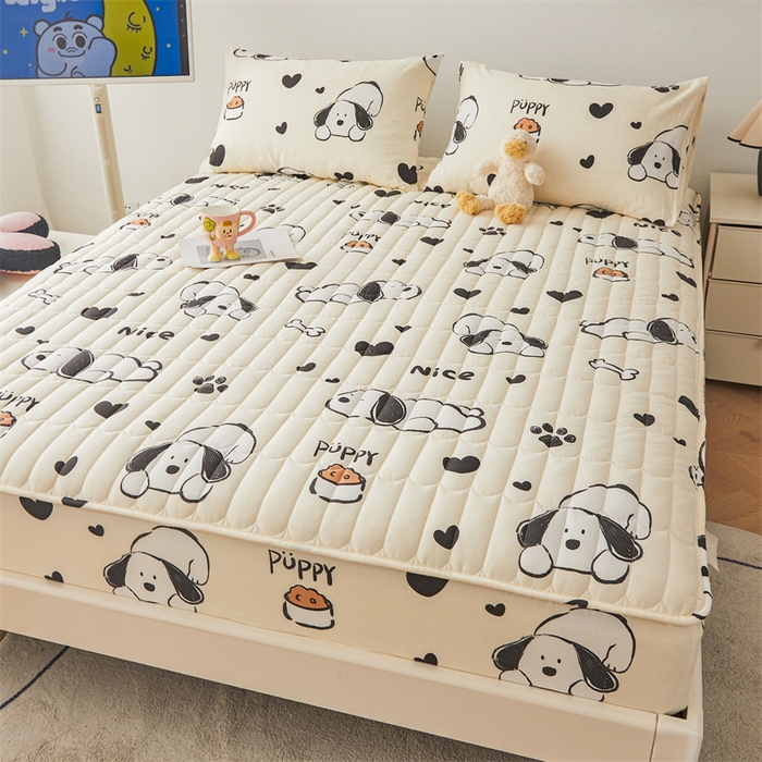 91家纺网 家纺一手货源 找家纺 3C 2024新款全棉大豆夹棉印花床笠四件套 趴趴狗-米