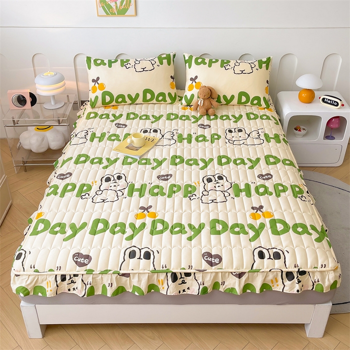 91家纺网 家纺一手货源 找家纺 3C 2024新款全棉13372大豆夹棉印花花边床笠四件套 兔耳宝贝