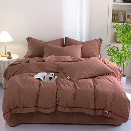 91家纺网 家纺一手货源 找家纺 木兰花 2024新款A类全棉水洗棉色织系列四件套 千鸟格橘红