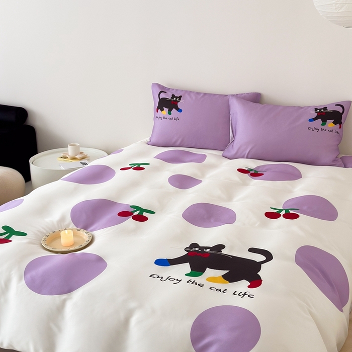 91家纺网 家纺一手货源 找家纺 西西家居 2024新款数码兰精天丝套件 波点猫-紫