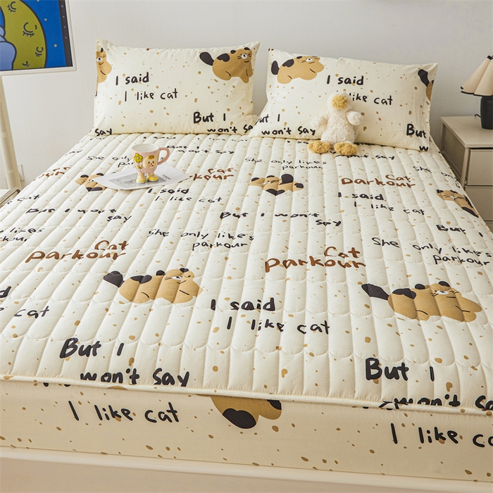 91家纺网 家纺一手货源 找家纺 3C 2024新款全棉大豆夹棉印花床笠四件套 撒娇萌猫