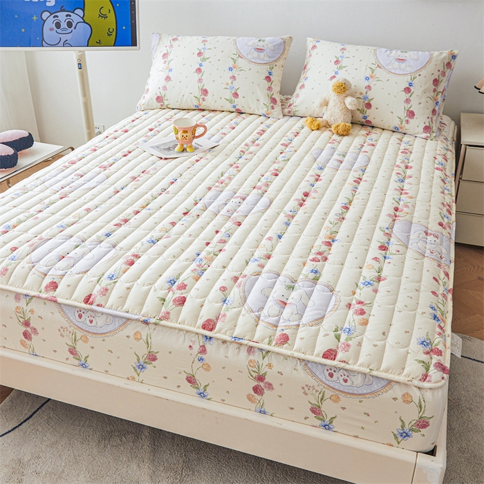 91家纺网 家纺一手货源 找家纺 3C 2024新款全棉大豆夹棉印花床笠四件套 圈圈兔