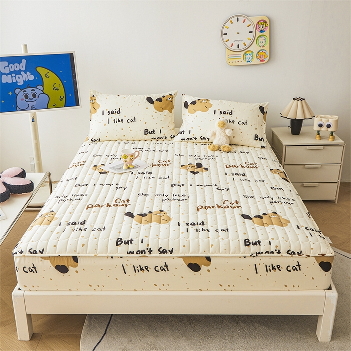 91家纺网 家纺一手货源 找家纺 3C 2024新款全棉大豆夹棉印花床笠四件套 撒娇萌猫