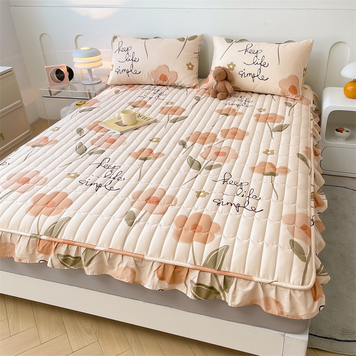 91家纺网 家纺一手货源 找家纺 3C 2024新款全棉13372大豆夹棉印花花边床笠四件套 花恋-桔单床笠