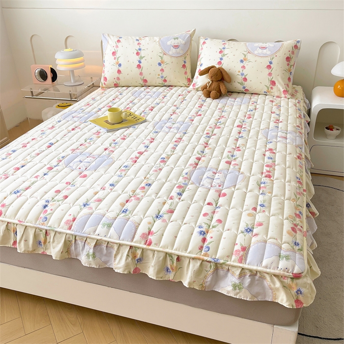 91家纺网 家纺一手货源 找家纺 3C 2024新款全棉13372大豆夹棉印花花边床笠四件套 圈圈兔