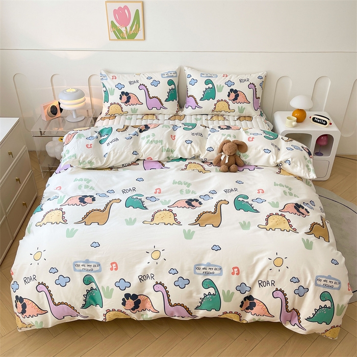 91家纺网 家纺一手货源 找家纺 3C 2024新款全棉13372大豆夹棉印花花边床笠四件套 恐龙天地单床笠