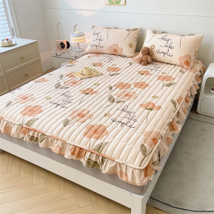 91家纺网 家纺一手货源 找家纺 3C 2024新款全棉13372大豆夹棉印花花边床笠四件套 花恋-桔单床笠