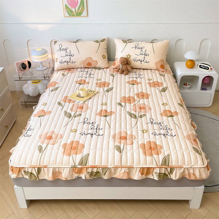 91家纺网 家纺一手货源 找家纺 3C 2024新款全棉13372大豆夹棉印花花边床笠四件套 花恋-桔单床笠