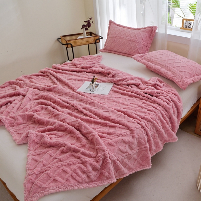 91家纺网 家纺一手货源 找家纺 芸锦豪 2024新款塔芙绒毛毯多功能毯-双面塔夫绒卷边 塔夫绒-玫瑰粉