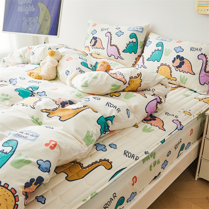 91家纺网 家纺一手货源 找家纺 3C 2024新款全棉大豆夹棉印花床笠四件套 恐龙天地