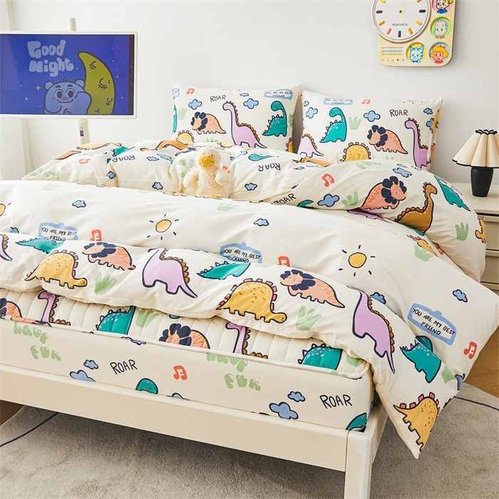 91家纺网 家纺一手货源 找家纺 3C 2024新款全棉大豆夹棉印花床笠四件套 恐龙天地