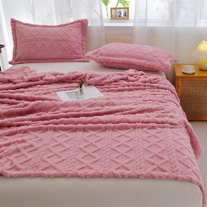 91家纺网 家纺一手货源 找家纺 芸锦豪 2024新款塔芙绒毛毯多功能毯-双面塔夫绒卷边 塔夫绒-玫瑰粉