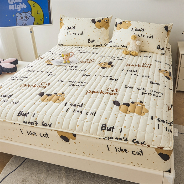 91家纺网 家纺一手货源 找家纺 3C 2024新款全棉大豆夹棉印花床笠四件套 撒娇萌猫