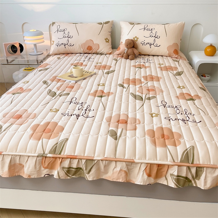 91家纺网 家纺一手货源 找家纺 3C 2024新款全棉13372大豆夹棉印花花边床笠四件套 花恋-桔单床笠