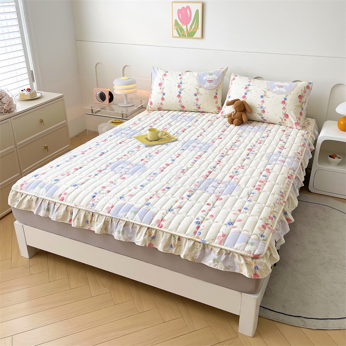 91家纺网 家纺一手货源 找家纺 3C 2024新款全棉13372大豆夹棉印花花边床笠四件套 圈圈兔