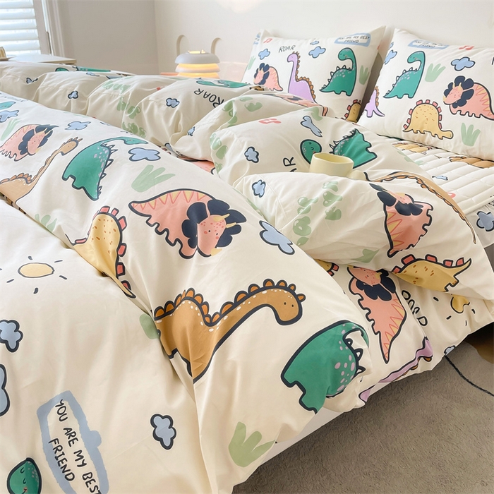91家纺网 家纺一手货源 找家纺 3C 2024新款全棉13372大豆夹棉印花花边床笠四件套 恐龙天地单床笠