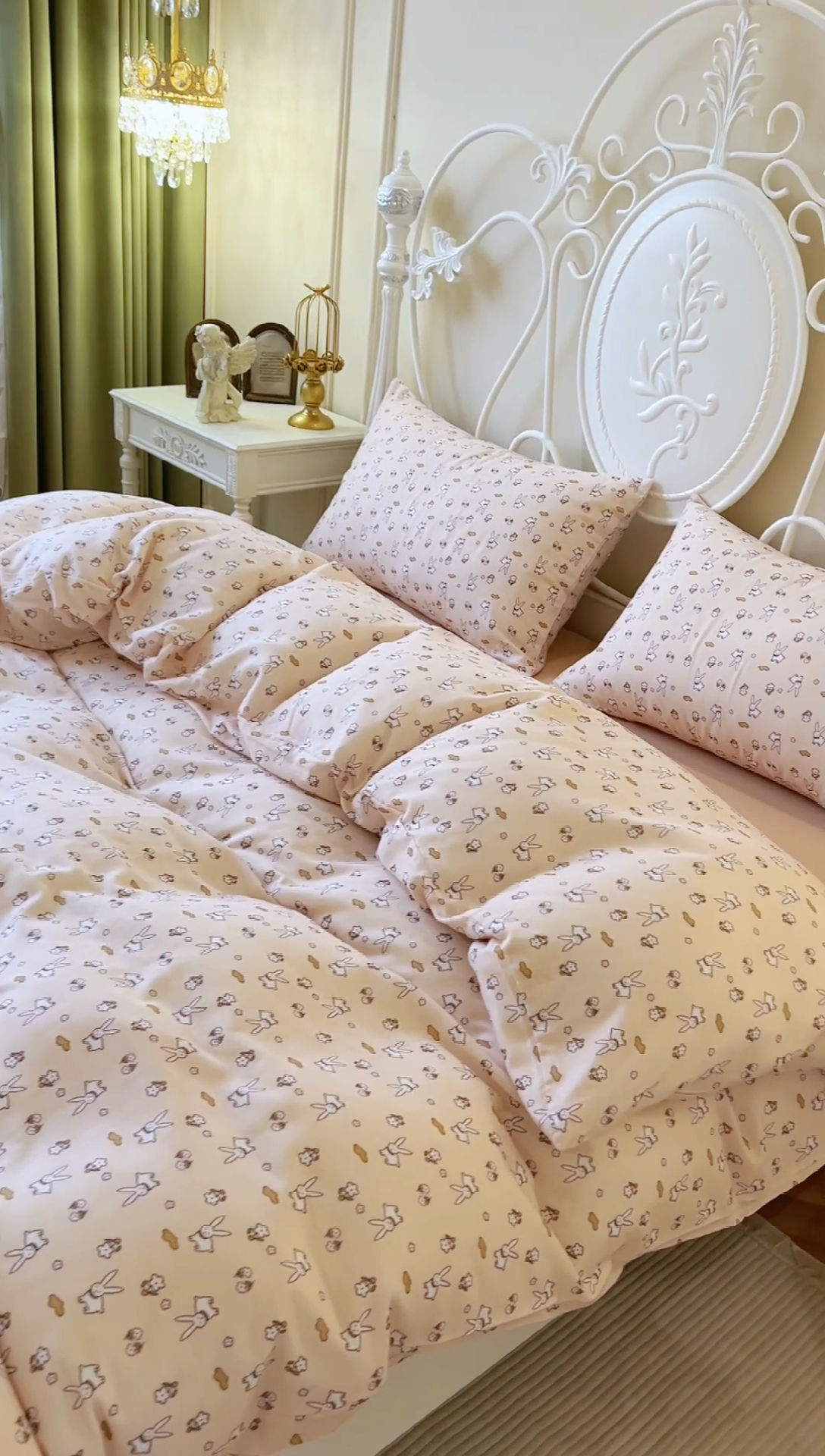 91家纺网 家纺一手货源 找家纺 麒豆豆 2024新款全棉双层纱四件套花朵兔-玉