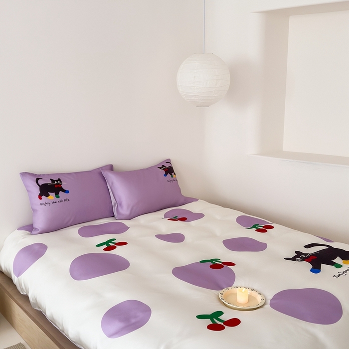 91家纺网 家纺一手货源 找家纺 西西家居 2024新款数码兰精天丝套件 波点猫-紫