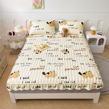 91家纺网 家纺一手货源 找家纺 3C 2024新款全棉13372大豆夹棉印花花边床笠四件套 撒娇萌猫