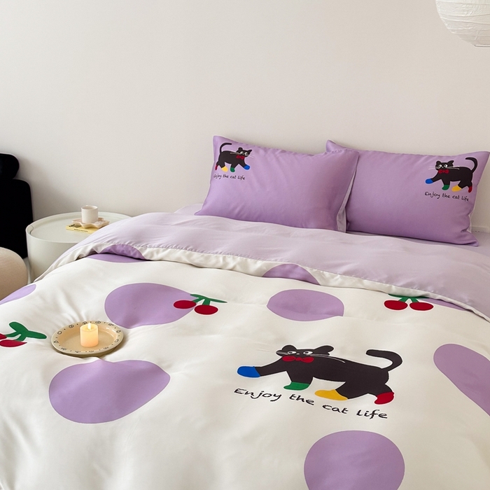 91家纺网 家纺一手货源 找家纺 西西家居 2024新款数码兰精天丝套件 波点猫-紫