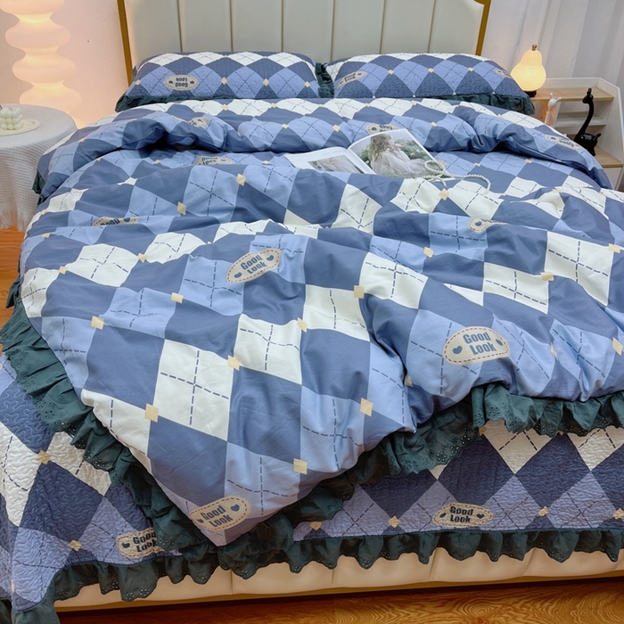 91家纺网 家纺一手货源 找家纺 暖居 2024新款砂洗棉花被套全棉床盖四件套绗缝夹棉纯棉床盖三件套 菱格蓝