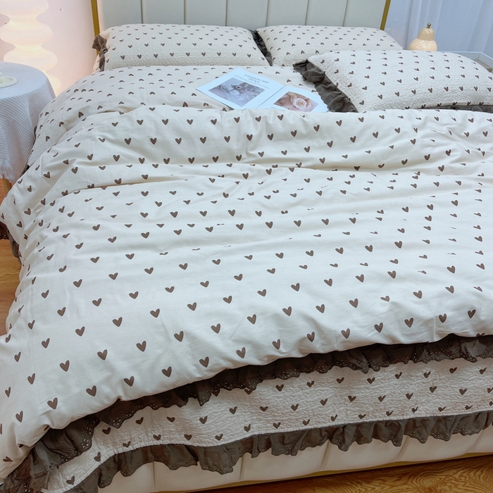 91家纺网 家纺一手货源 找家纺 暖居 2024新款砂洗棉花被套全棉床盖四件套绗缝夹棉纯棉床盖三件套 爱心卡