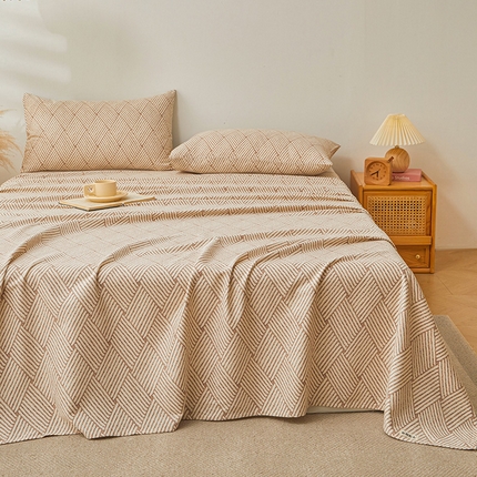 居眠 2024新款A类全棉老粗布印花单品床单 阡陌菱格 卡其