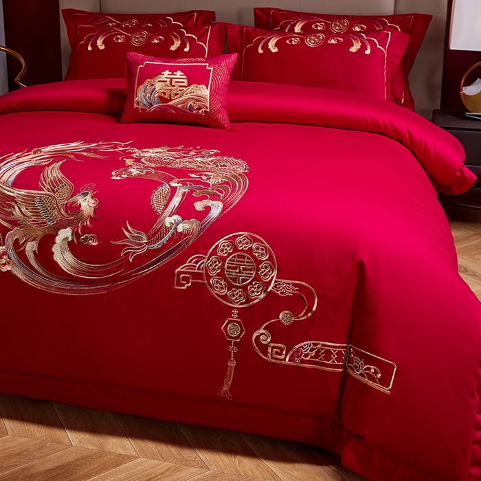 91家纺网 家纺一手货源 找家纺 晶缦家纺 2024纯棉全棉60支贡缎长绒棉刺绣花婚庆四件套--绣花贴边床单款 龙凤双喜