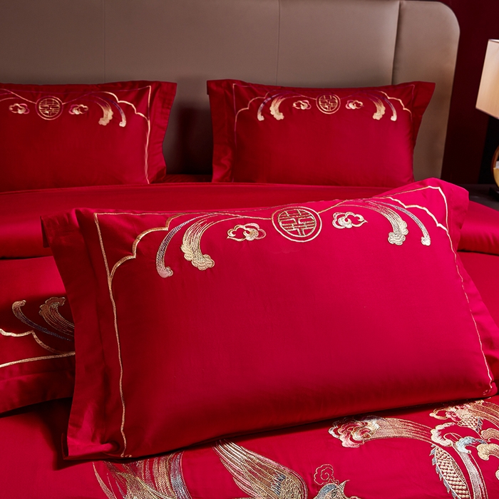 91家纺网 家纺一手货源 找家纺 晶缦家纺 2024纯棉全棉60支贡缎长绒棉刺绣花婚庆四件套--绣花贴边床单款 龙凤双喜