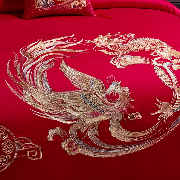 91家纺网 家纺一手货源 找家纺 晶缦家纺 2024纯棉全棉60支贡缎长绒棉刺绣花婚庆四件套--绣花贴边床单款 龙凤双喜