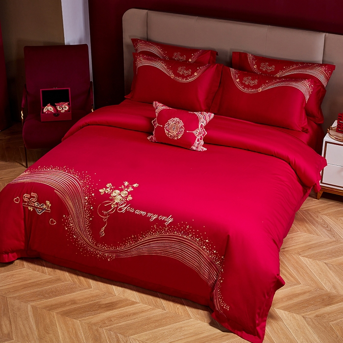 91家纺网 家纺一手货源 找家纺 晶缦家纺 2024纯棉全棉60支贡缎长绒棉刺绣花婚庆四件套--绣花贴边床单款 心心相印