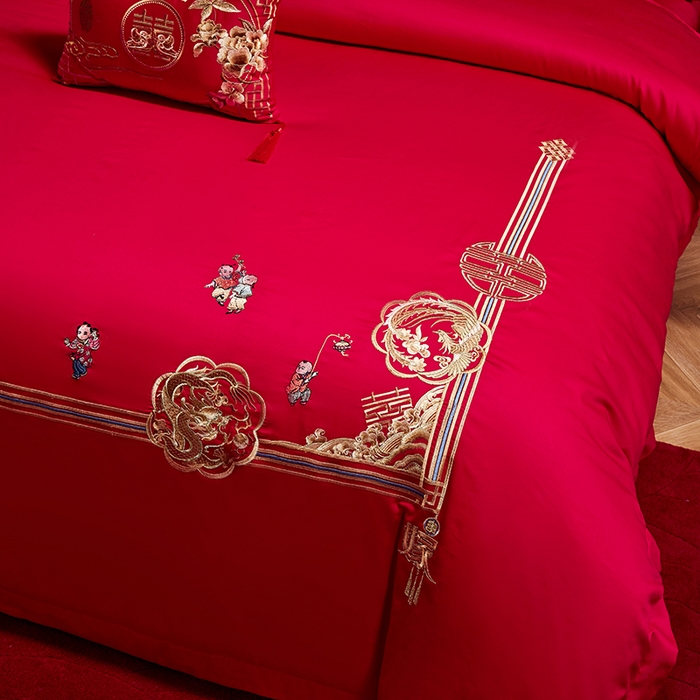 91家纺网 家纺一手货源 找家纺 晶缦家纺 2024喷气全棉13376纯棉刺绣花婚庆四件套系列 麒麟送子